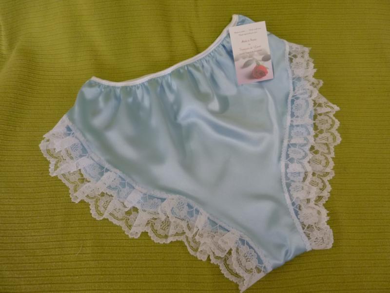 Pale Blue satin and ivory lace  Hi cut French kn...